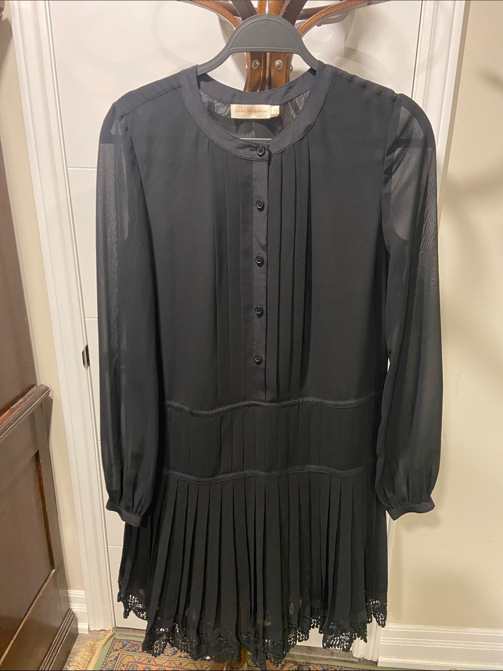 Tory Burch Black Long-Sleeve Pleated Midi Dress